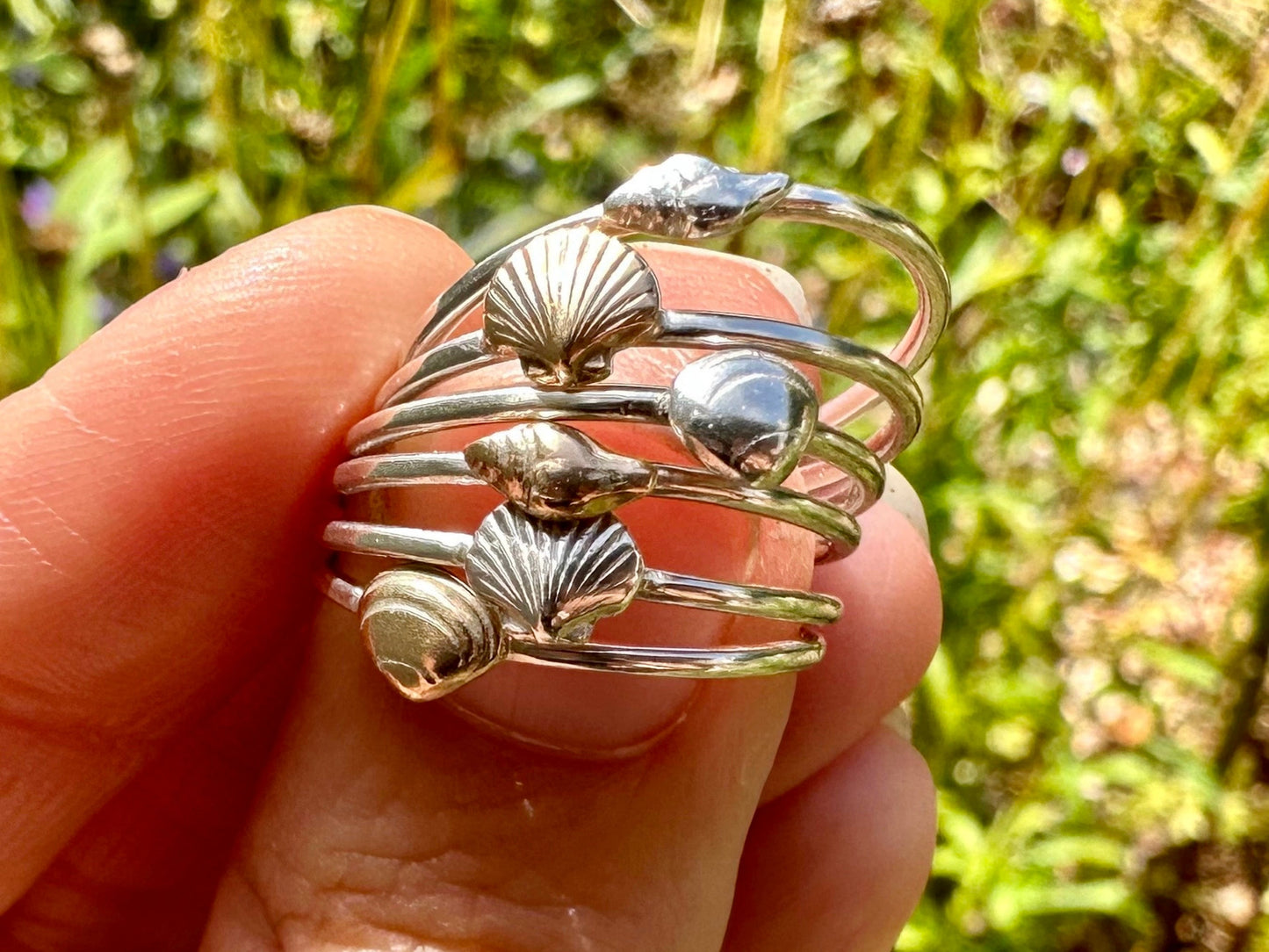 Whelk Shell Stacking Ring, Solid 9ct Gold or Sterling Silver Shell on a 1.2mm 925 Sterling Silver Ring Band, Seashell Ring