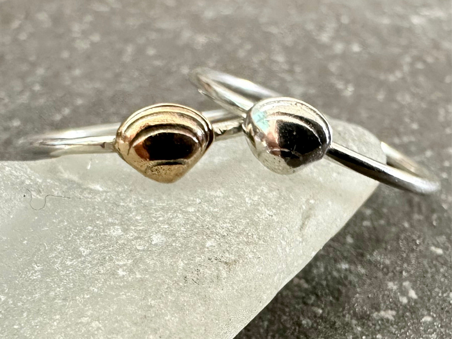 Clam Shell Stacking Ring, Solid 9ct Gold or Sterling Silver Shell on a 1.2mm 925 Sterling Silver Ring Band, Seashell Ring