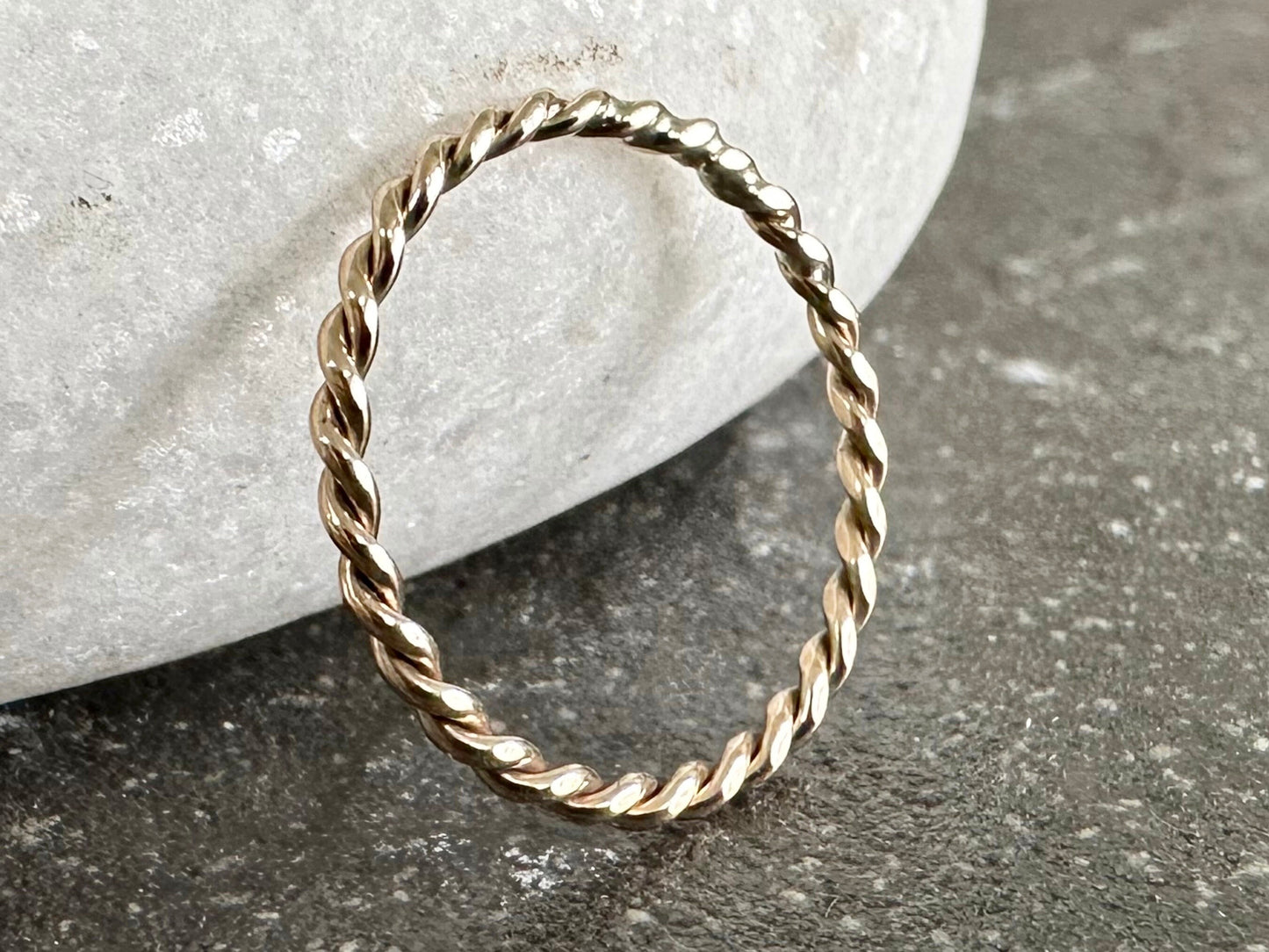 Solid 9ct Yellow Gold Hand Twisted Rope Ring, Handmade Precious Metal Stacking Ring.