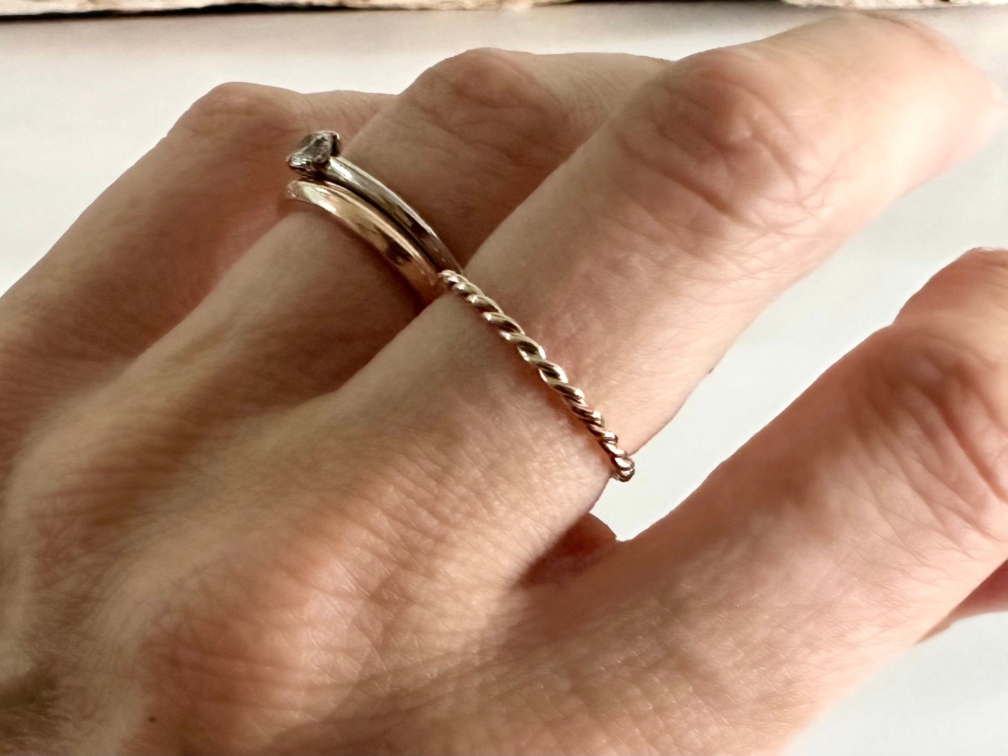 Solid 9ct Yellow Gold and Rose Gold Hand Twisted Rope Ring, Handmade Precious Metal Stacking Ring.