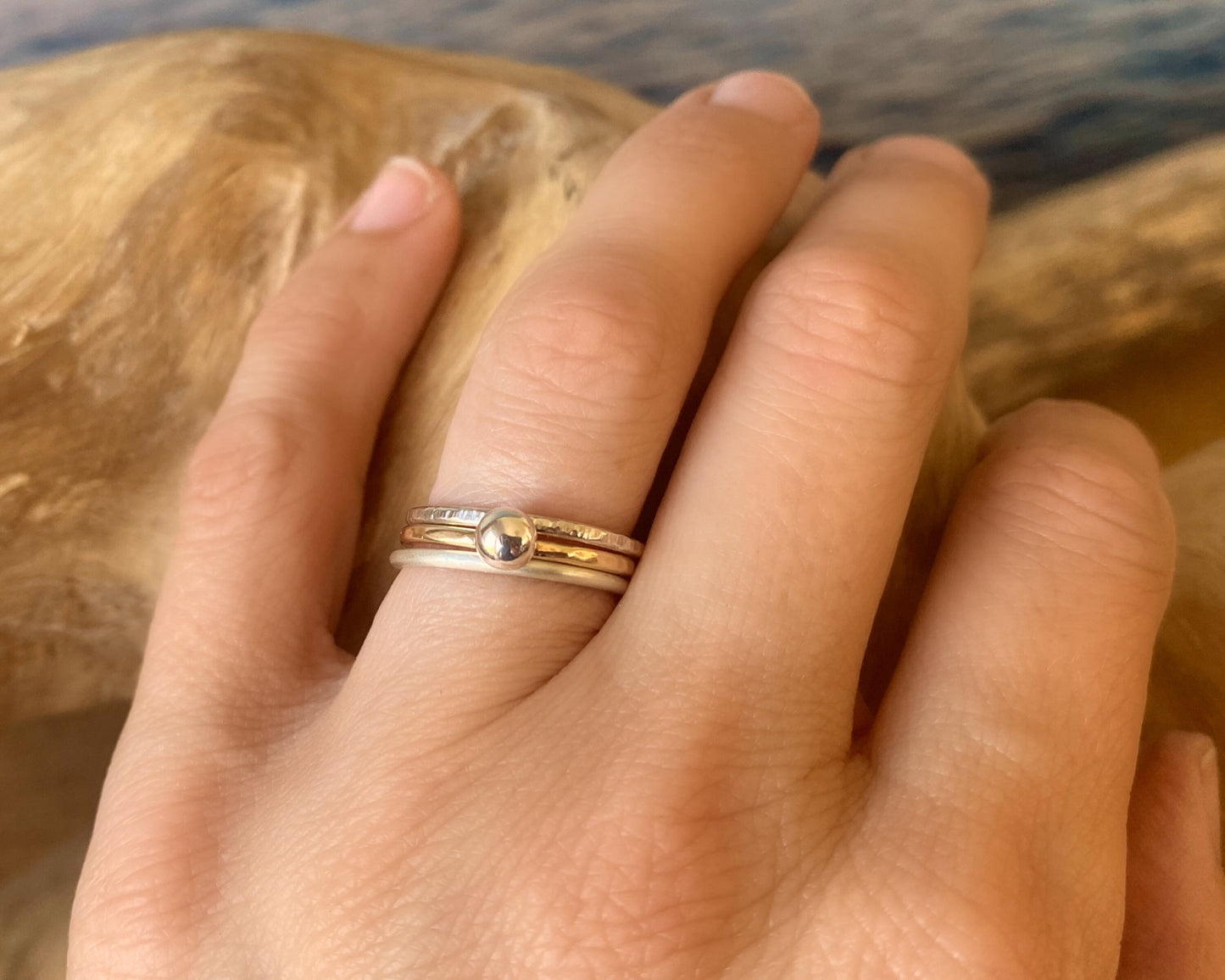 9ct Gold Nugget Stacking Ring Set, 925 Sterling Silver Nugget Stacking Rings, 9ct Gold and Sterling Silver 1.2mm Skinny Minimalist Ring Band