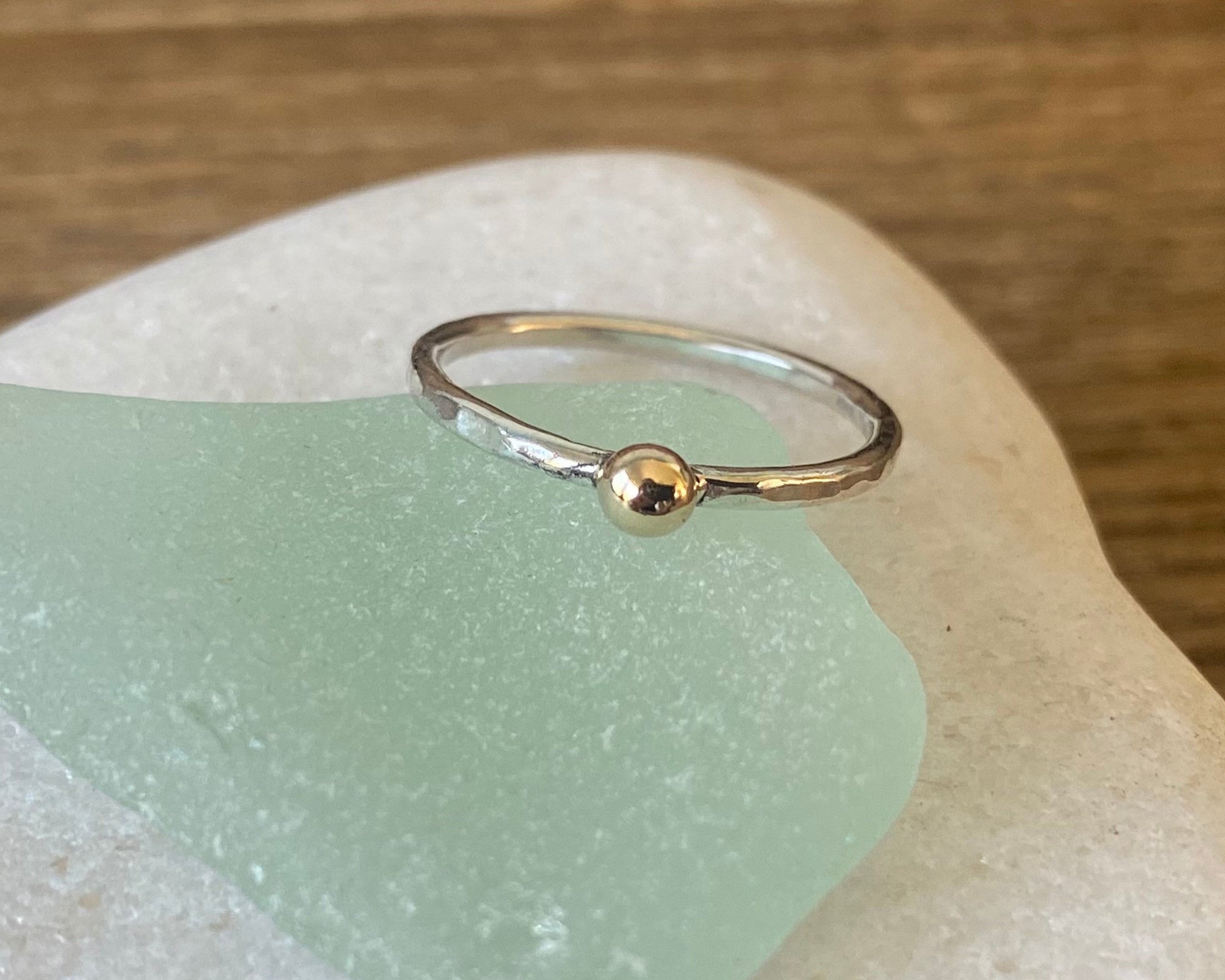 Hallmarked 9ct Gold Nugget on a 1.8mm 925 Sterling Silver Ring, Hammered Ring Band, Handmade Stacking Ring, Minimalist Ring