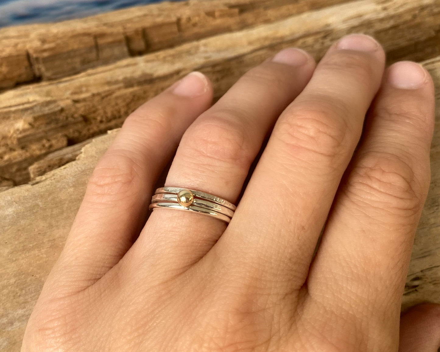 Hallmarked 9ct Gold Nugget on a 1.8mm 925 Sterling Silver Ring, Hammered Ring Band, Handmade Stacking Ring, Minimalist Ring