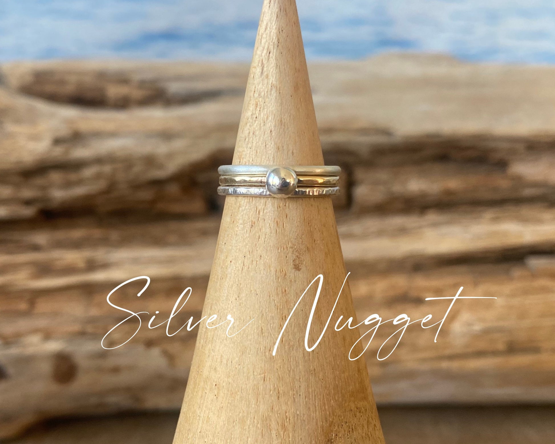 9ct Gold Nugget Stacking Ring Set, 925 Sterling Silver Nugget Stacking Rings, 9ct Gold and Sterling Silver 1.2mm Skinny Minimalist Ring Band