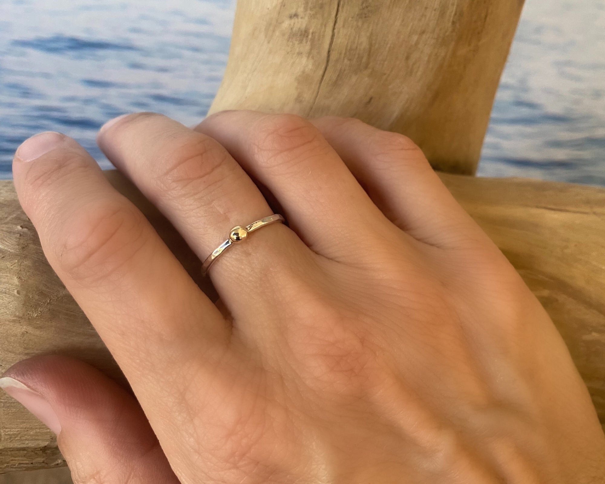 Hallmarked 9ct Gold Nugget on a 1.8mm 925 Sterling Silver Ring, Hammered Ring Band, Handmade Stacking Ring, Minimalist Ring