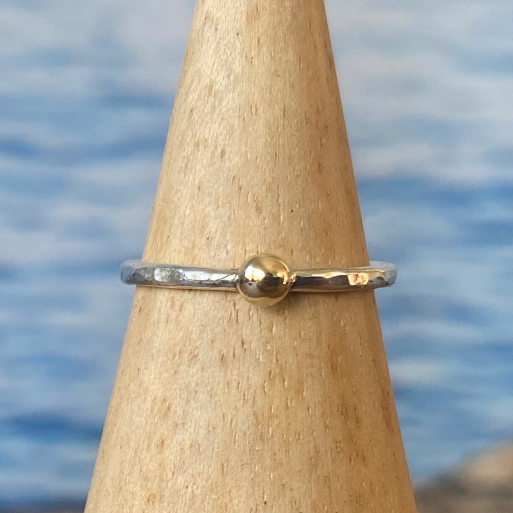 Hallmarked 9ct Gold Nugget on a 1.8mm 925 Sterling Silver Ring, Hammered Ring Band, Handmade Stacking Ring, Minimalist Ring