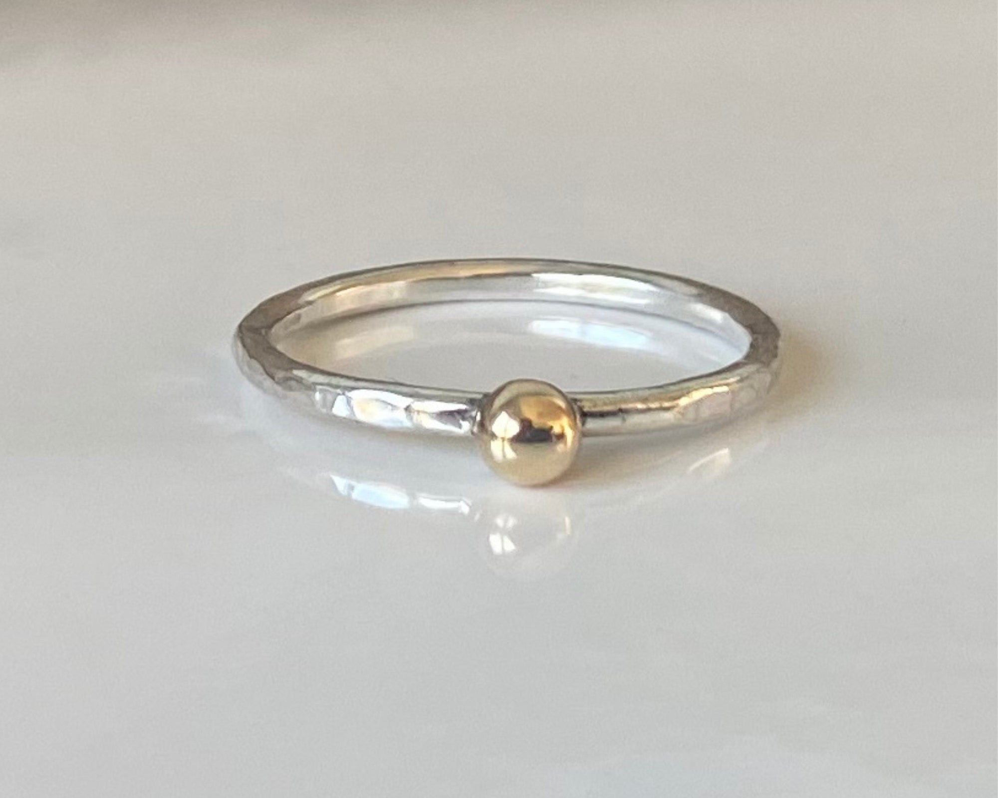 Hallmarked 9ct Gold Nugget on a 1.8mm 925 Sterling Silver Ring, Hammered Ring Band, Handmade Stacking Ring, Minimalist Ring