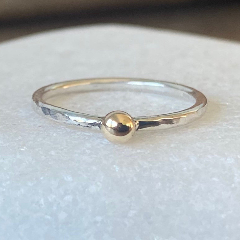 Hallmarked 9ct Gold Nugget on a 1.8mm 925 Sterling Silver Ring, Hammered Ring Band, Handmade Stacking Ring, Minimalist Ring