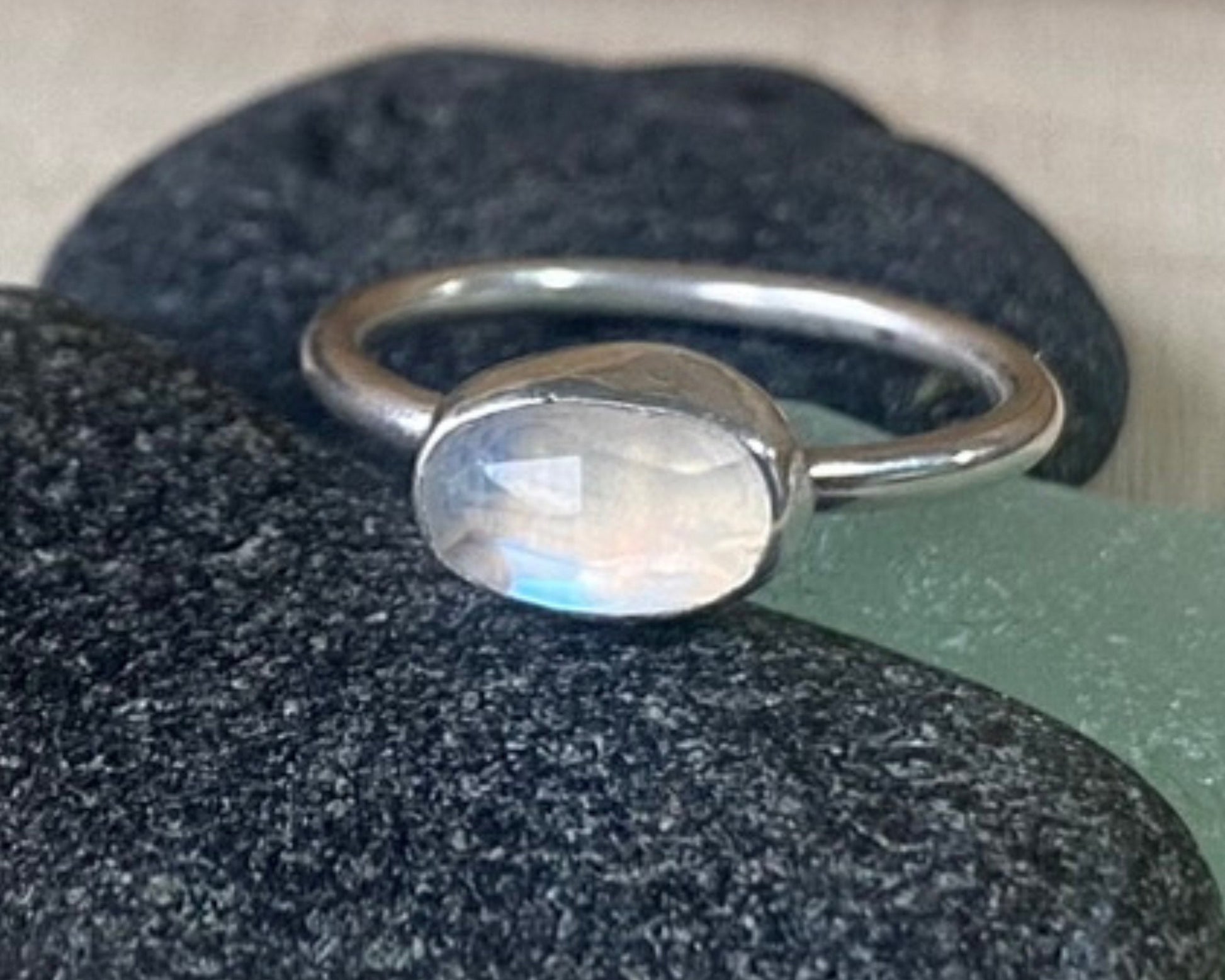 UK Size N Genuine Freeform Moonstone Stacking Ring, One of a Kind Handmade 925 Sterling Silver Ring, Gemstone Ring, Crystal Ring