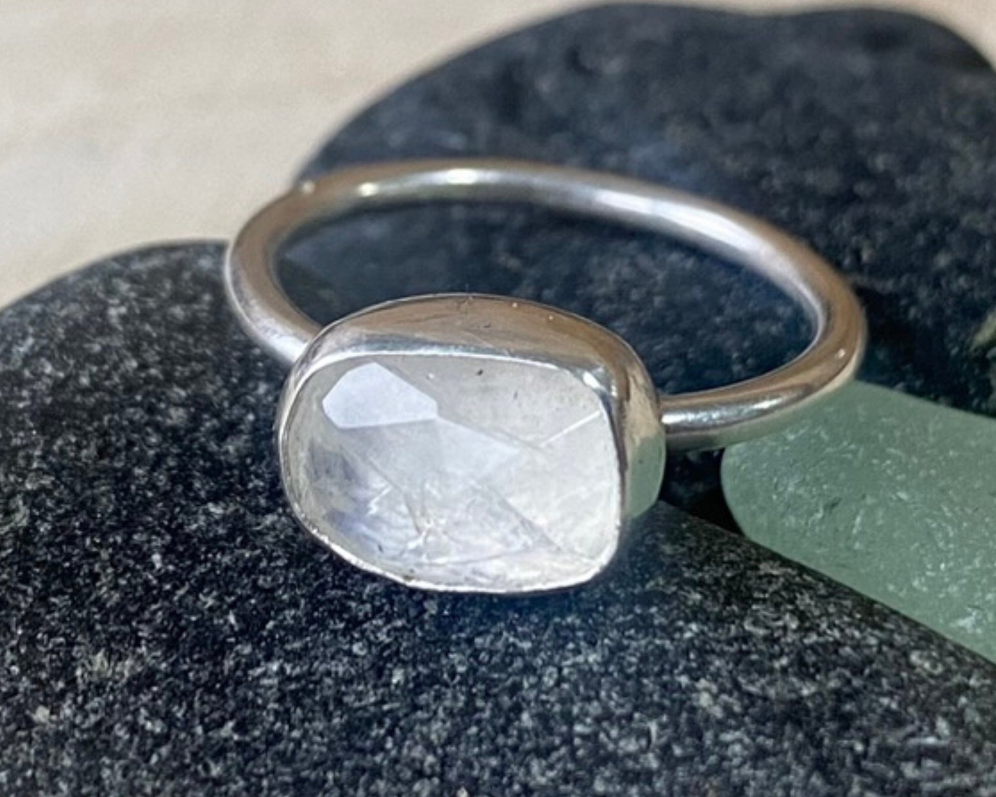 Raw Moonstone Ring UK Size P, Handmade 925 Sterling Silver Stacking Ring, Gemstone Ring, Crystal Ring