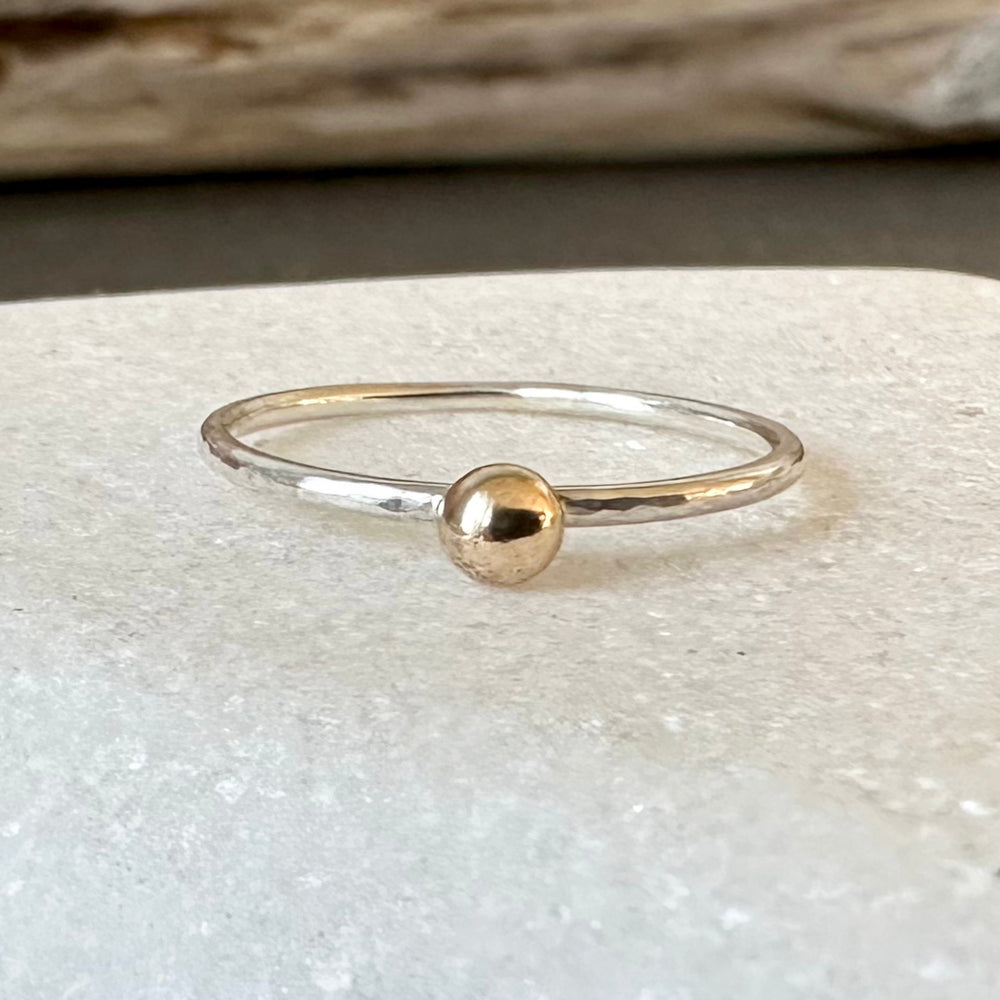 Gold Nugget on 1.2mm 925 Sterling Silver Ring, Hammered Ring Band, Recycled Gold Skinny Stacking Ring.