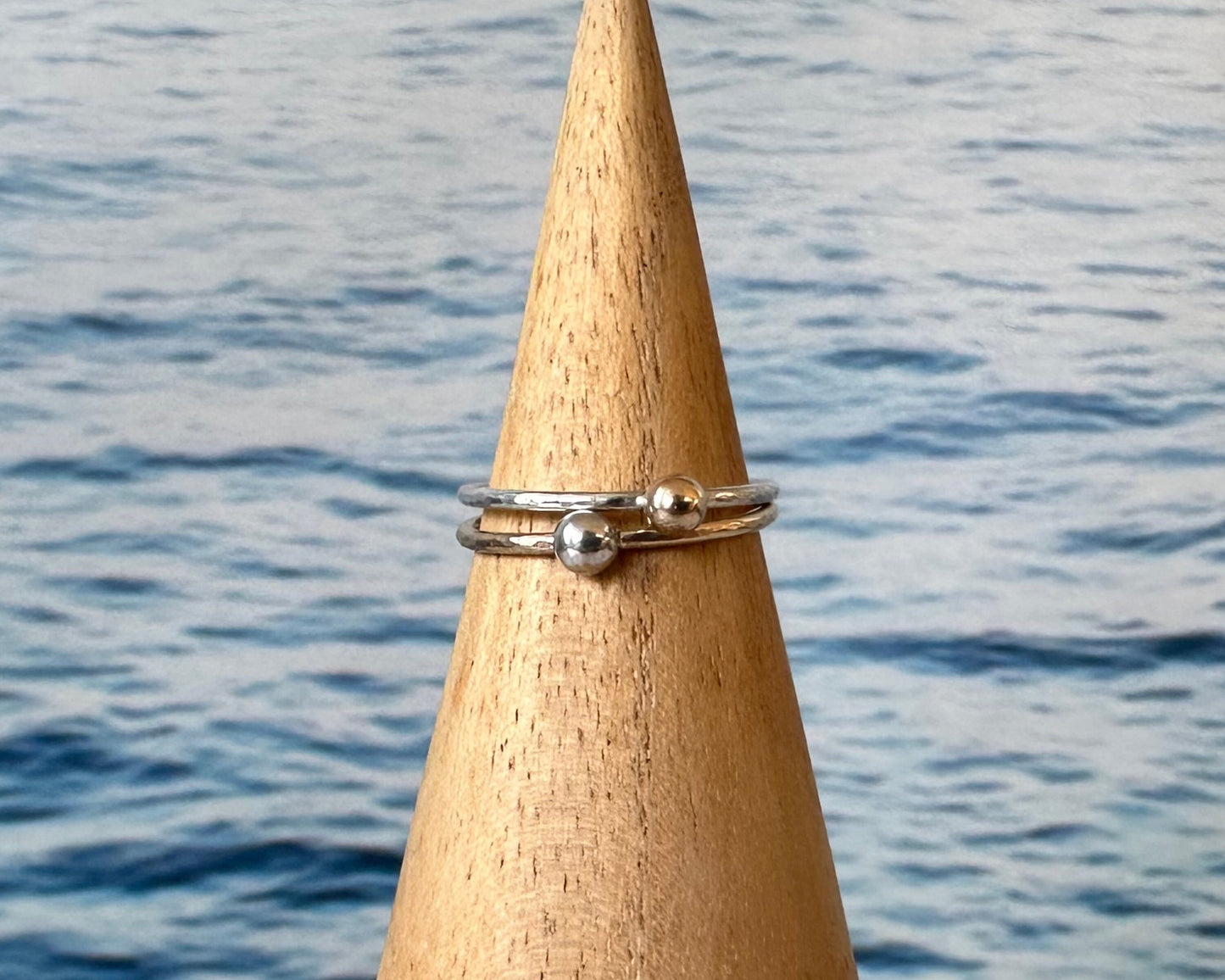Gold Nugget on 1.2mm 925 Sterling Silver Ring, Hammered Ring Band, Recycled Gold Skinny Stacking Ring.