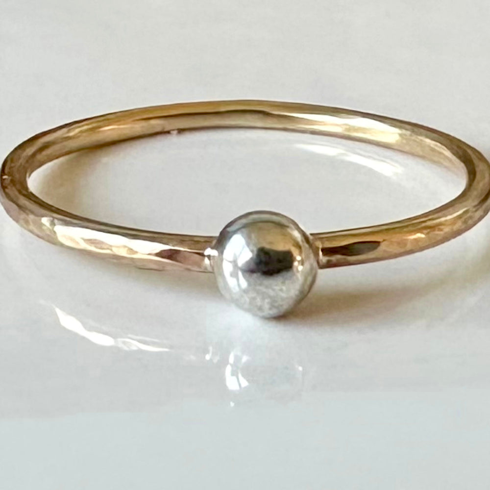 Skinny 9ct Gold Ring with 925 Sterling Silver Nugget, 1.2mm Hammered Ring Band, Handmade Stacking Ring, Minimalist Ring