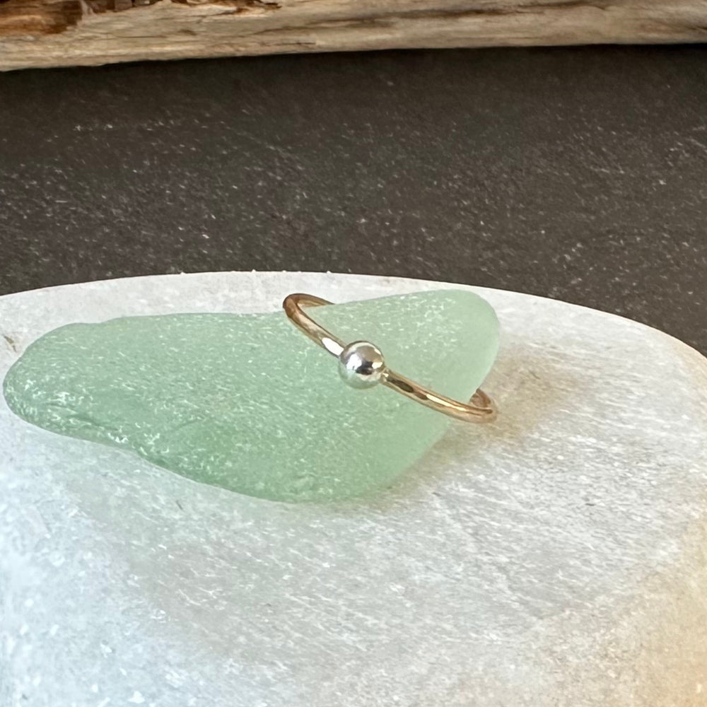 Skinny 9ct Gold Ring with 925 Sterling Silver Nugget, 1.2mm Hammered Ring Band, Handmade Stacking Ring, Minimalist Ring