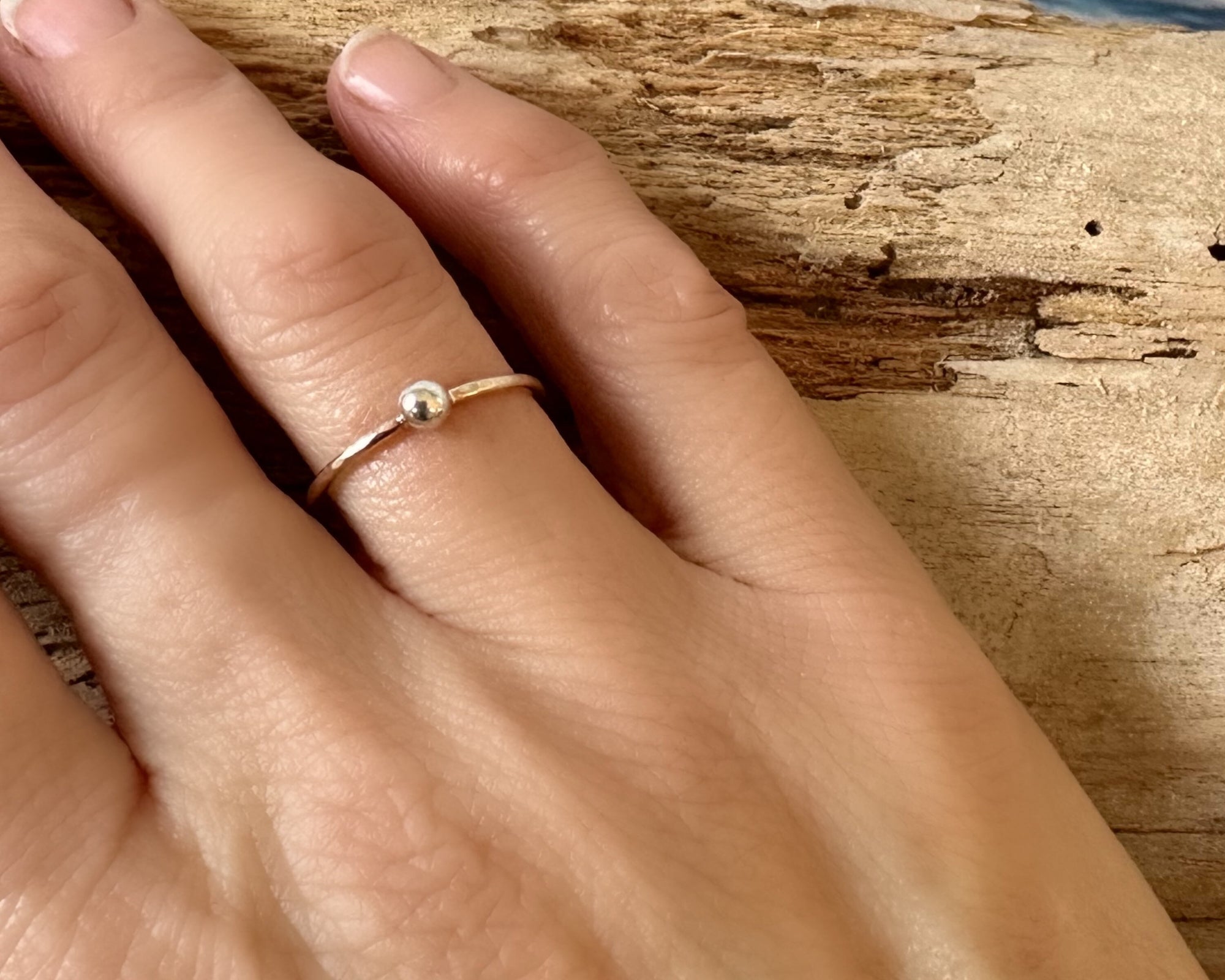 Skinny 9ct Gold Ring with 925 Sterling Silver Nugget, 1.2mm Hammered Ring Band, Handmade Stacking Ring, Minimalist Ring