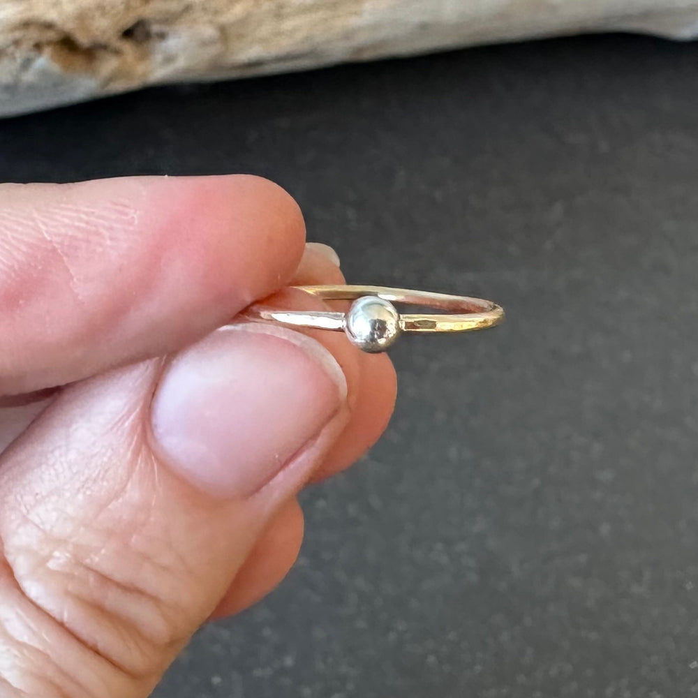 
                  
                    Skinny 9ct Gold Ring with 925 Sterling Silver Nugget, 1.2mm Hammered Ring Band, Handmade Stacking Ring, Minimalist Ring
                  
                