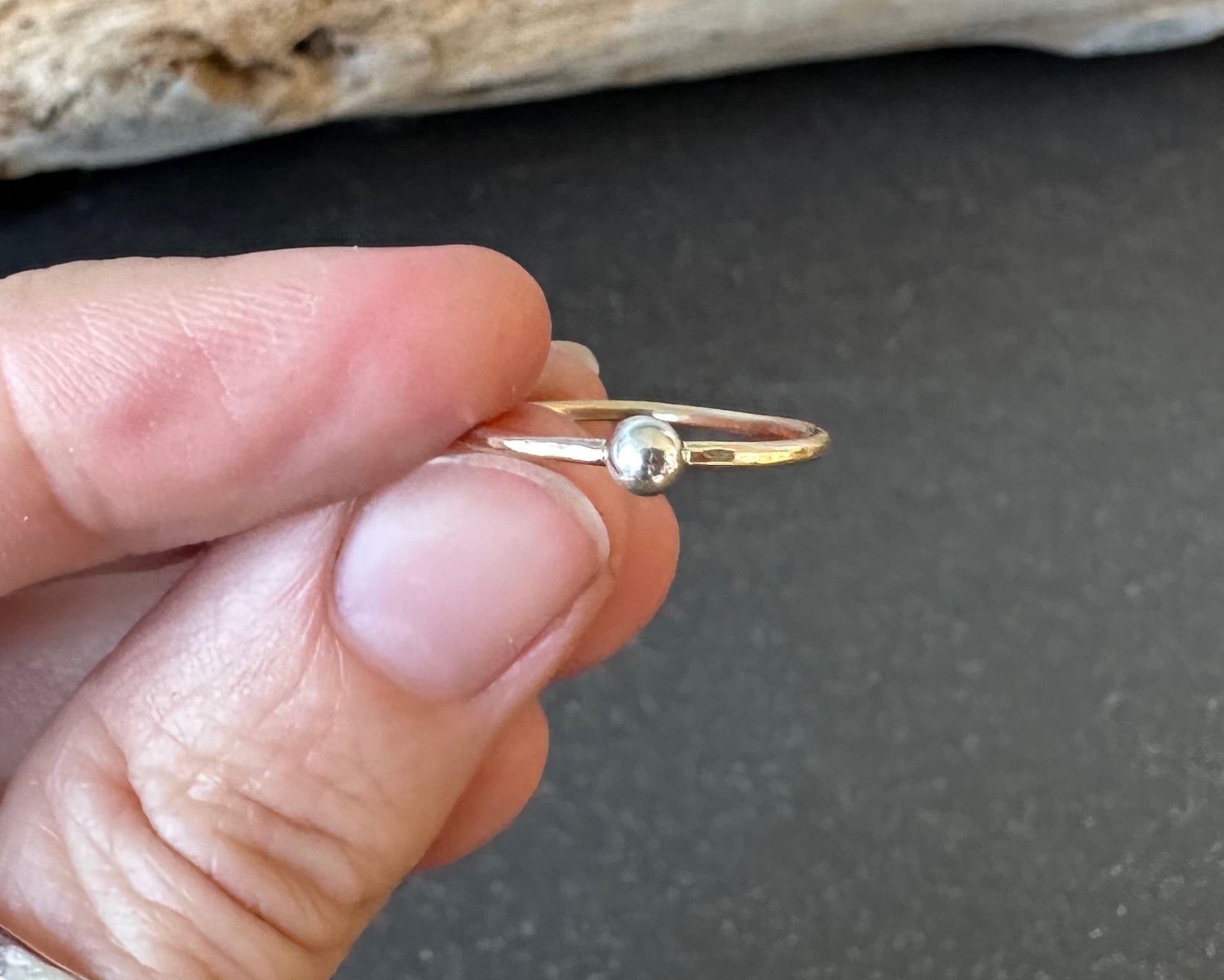 Skinny 9ct Gold Ring with 925 Sterling Silver Nugget, 1.2mm Hammered Ring Band, Handmade Stacking Ring, Minimalist Ring