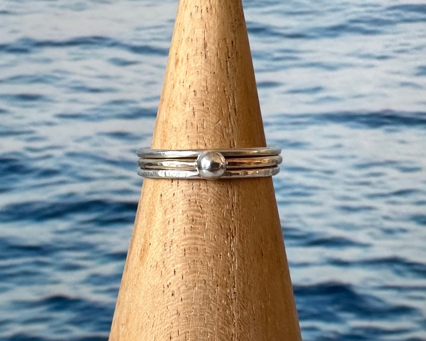 Skinny 9ct Gold Ring with 925 Sterling Silver Nugget, 1.2mm Hammered Ring Band, Handmade Stacking Ring, Minimalist Ring