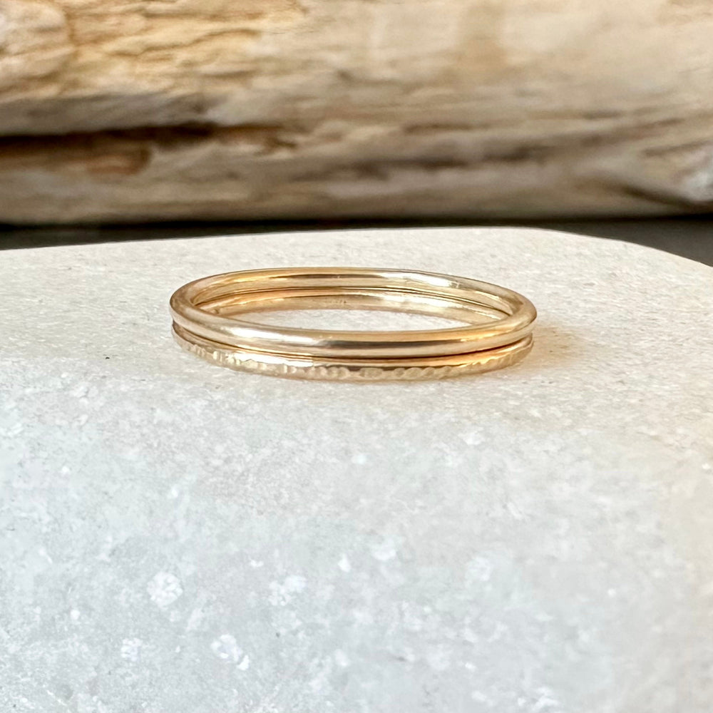 Set of Two Skinny 9ct Gold Rings, Hallmarked Gold Stacking Rings, 1.2mm, 1.5mm, 1.8mm, One Plain, One Ripple Hammered Pattern