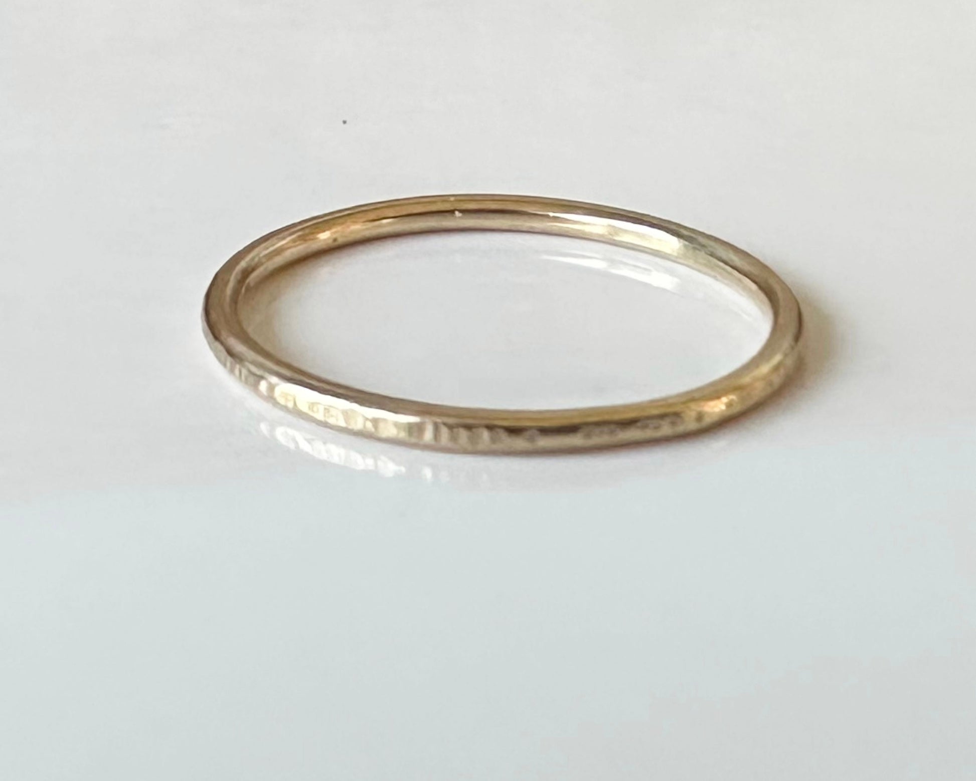 Set of Two Skinny 9ct Gold Rings, Hallmarked Gold Stacking Rings, 1.2mm, 1.5mm, 1.8mm, One Plain, One Ripple Hammered Pattern