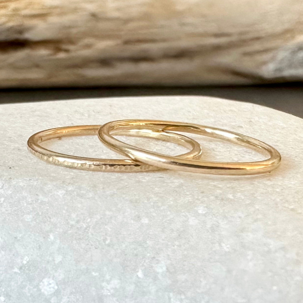 
                  
                    Set of Two Skinny 9ct Gold Rings, Hallmarked Gold Stacking Rings, 1.2mm, 1.5mm, 1.8mm, One Plain, One Ripple Hammered Pattern
                  
                