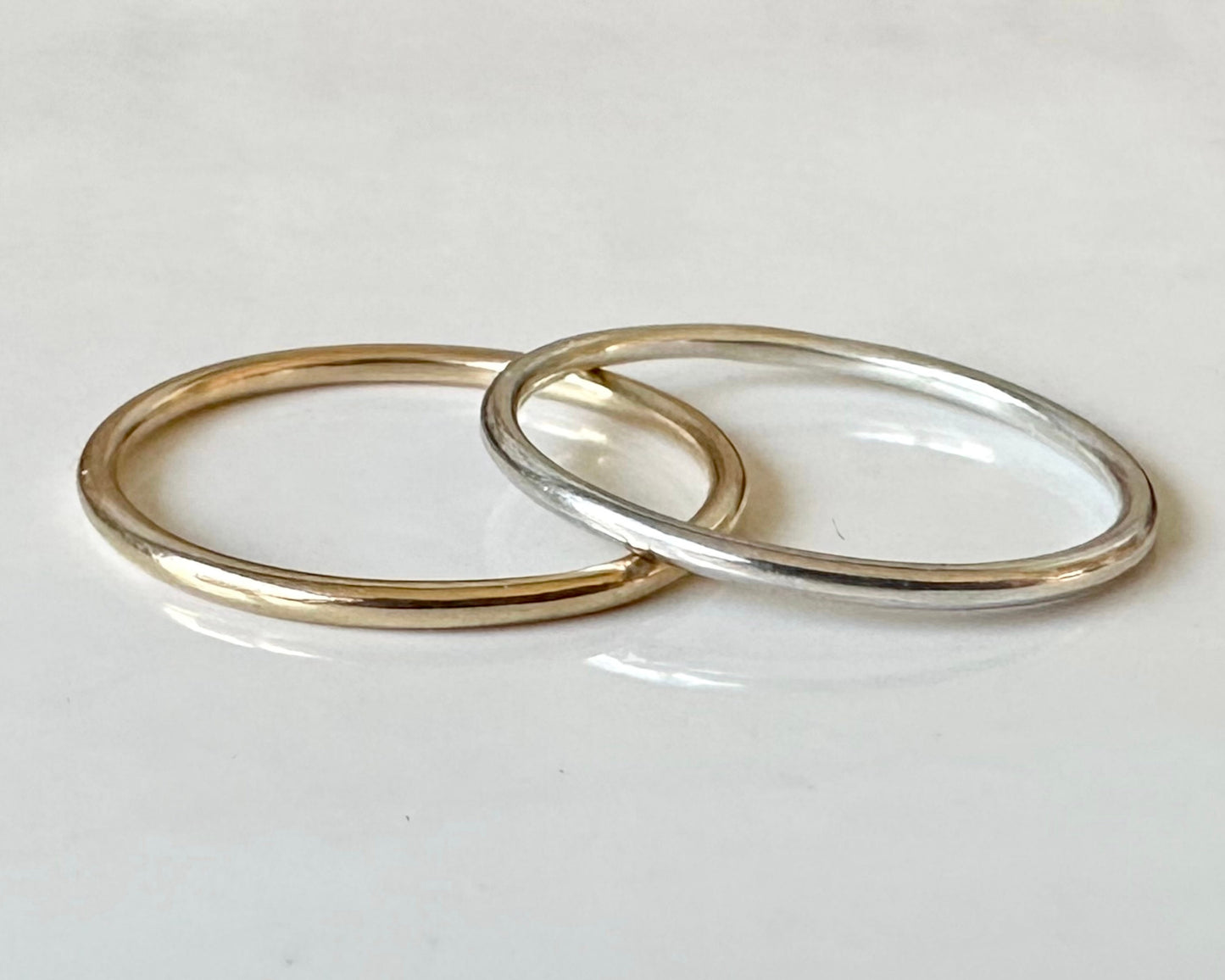 9ct Gold and 925 Sterling Silver Ring Set, 1.2mm Gold and Silver Plain Ring Band Set of Two, Shiny / Matte Skinny Stacking Rings