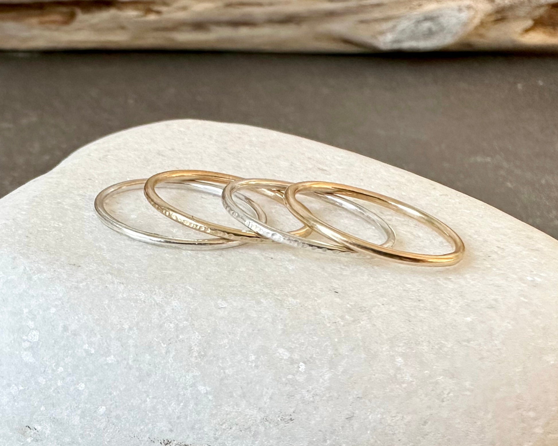 9ct Gold and 925 Sterling Silver Ring Set, 1.2mm Ring Bands Gold and Silver Ring Set of Four, Hammered Ring, Plain Ring, Thin Stacking Rings