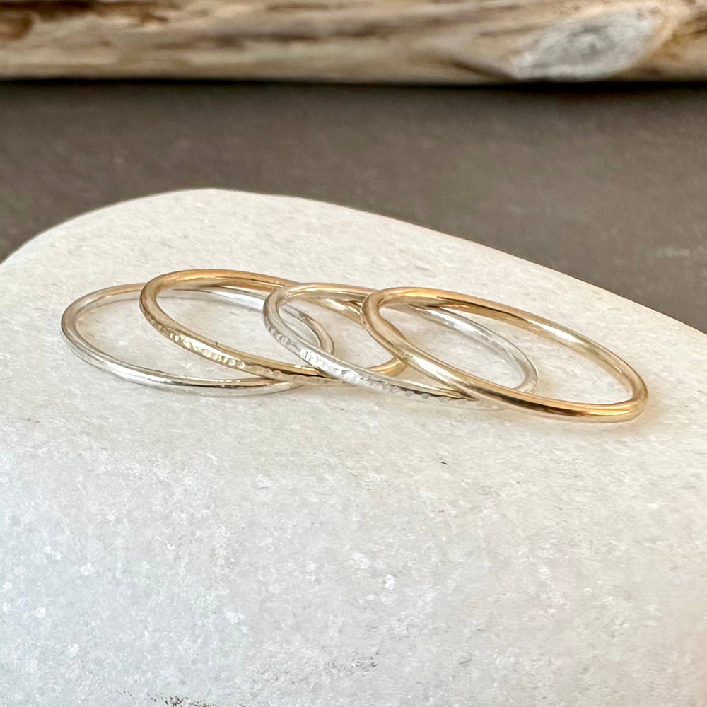 Solid 9ct Gold and 925 Sterling Silver Stacking Rings set, Hallmarked 1.2mm, 1.5m, 1.8mm Gold and Silver Ring Set of Four