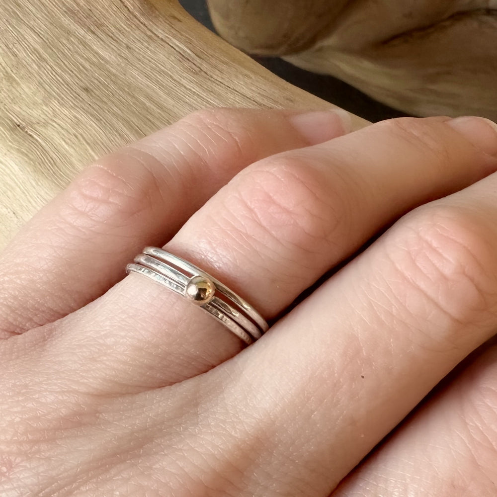 
                  
                    Gold Nugget on 1.2mm 925 sterling Silver Stacking Ring Set, Recycled Gold and Sterling Silver 1.2mm Skinny Minimalist Rings
                  
                