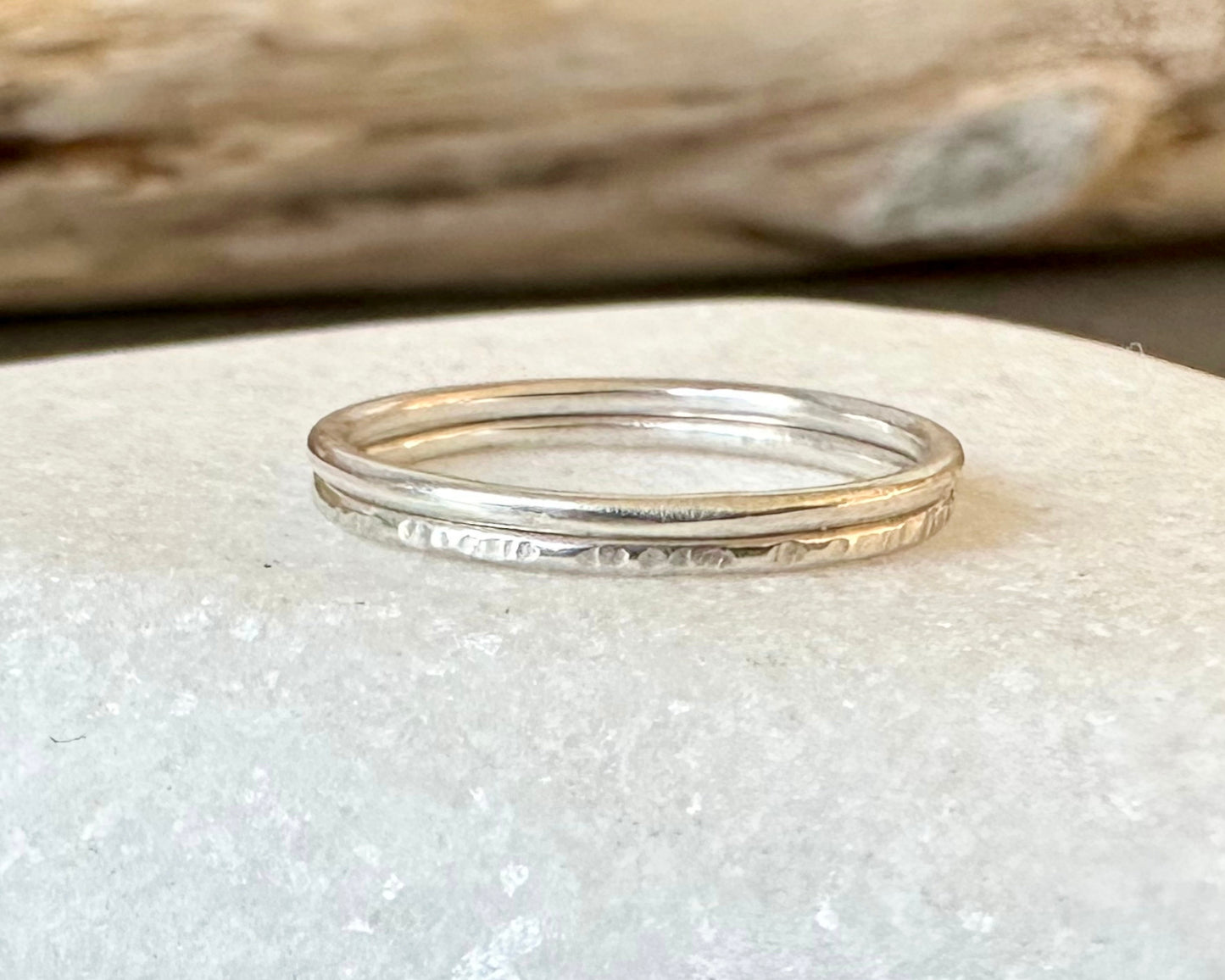 Set of Two Skinny 1.2mm 925 Sterling silver rings, Plain Ring, Hammered Ripple Pattern, Simple Minimalist Ring Band,