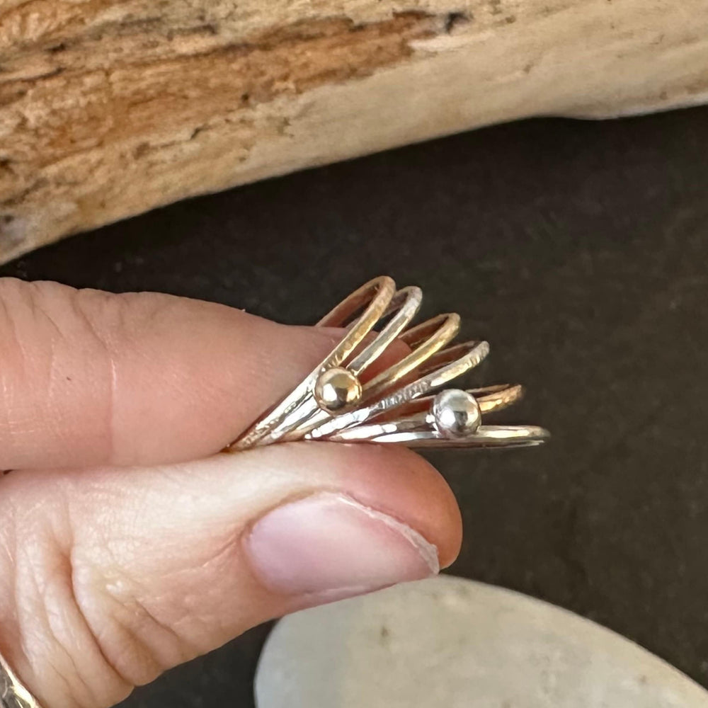 
                  
                    Skinny 9ct Gold Ring with 925 Sterling Silver Nugget, 1.2mm Hammered Ring Band, Handmade Stacking Ring, Minimalist Ring
                  
                