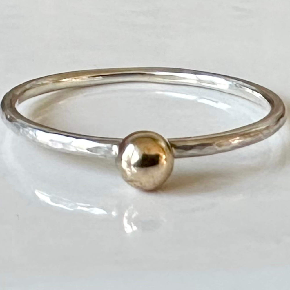 Gold Nugget on 1.2mm 925 Sterling Silver Ring, Hammered Ring Band, Recycled Gold Skinny Stacking Ring.