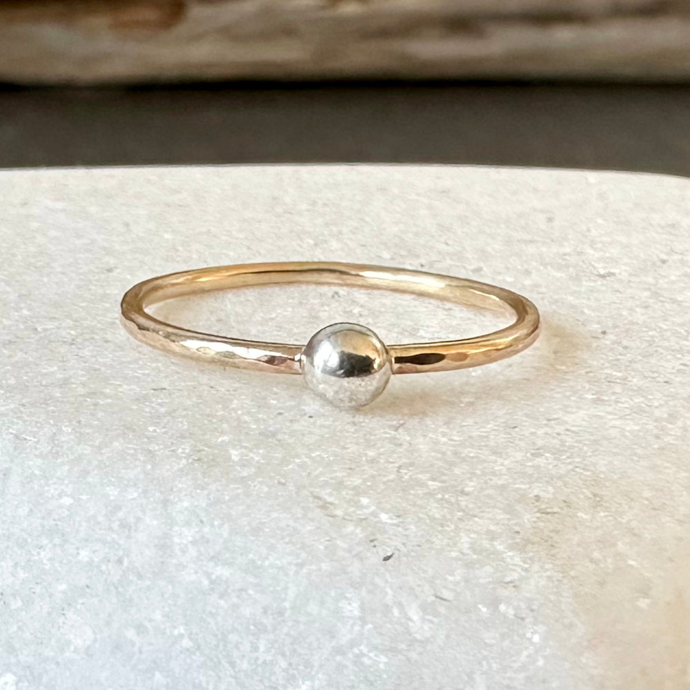 
                  
                    Skinny 9ct Gold Ring with 925 Sterling Silver Nugget, 1.2mm Hammered Ring Band, Handmade Stacking Ring, Minimalist Ring
                  
                
