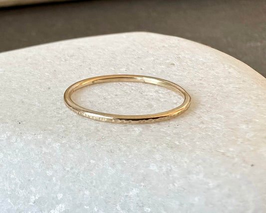 Skinny 1.2mm 9ct Gold Ring, Ripple Hammered Effect Minimalist Ring Band, Hadmade Gold Stackable Ring, Wedding Ring