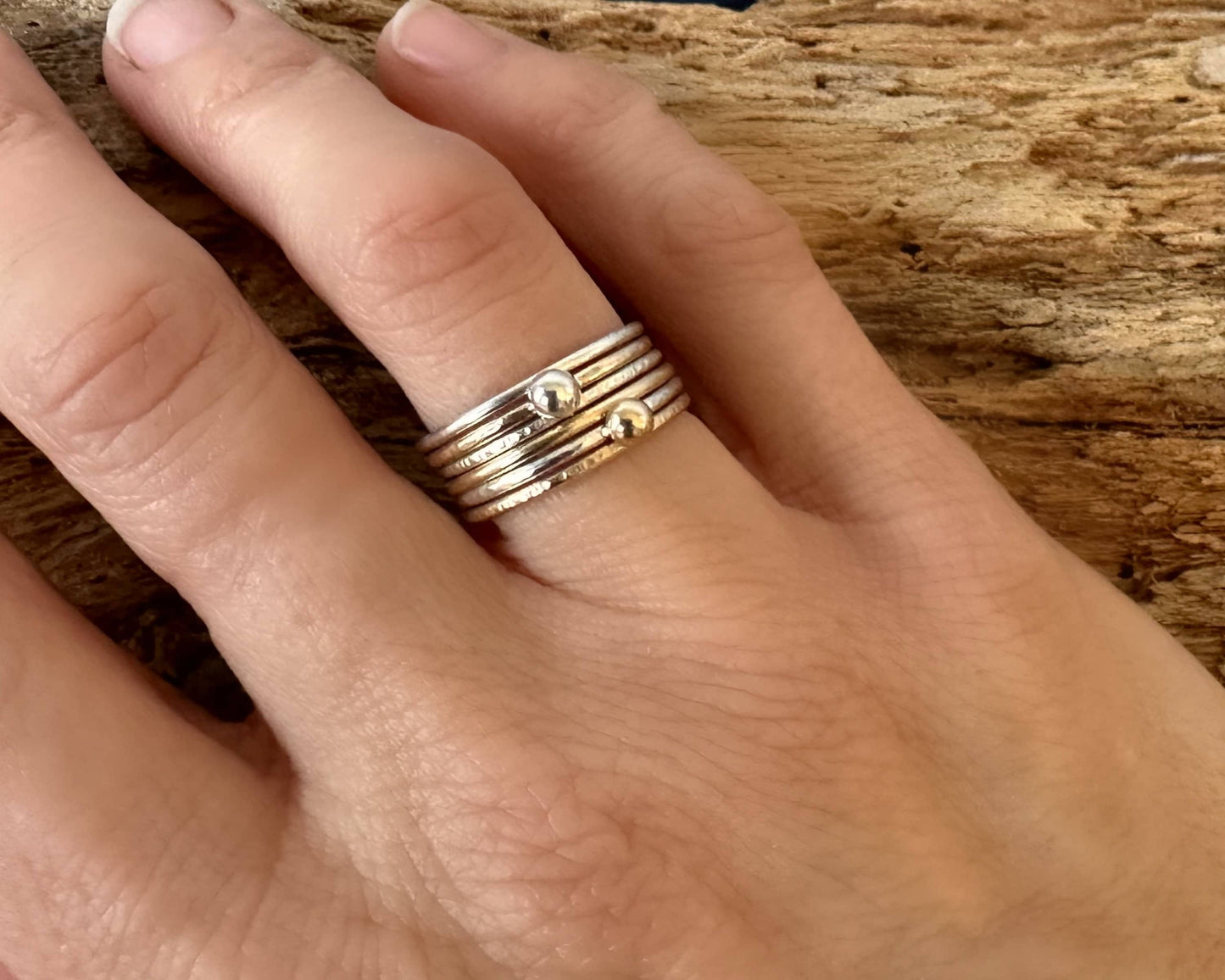 Solid 9ct Gold Stack of Three Stacking Rings, Hallmarked Gold Stacking Ring Set, Two Plain and Shiny and One Ripple Hammered Pattern