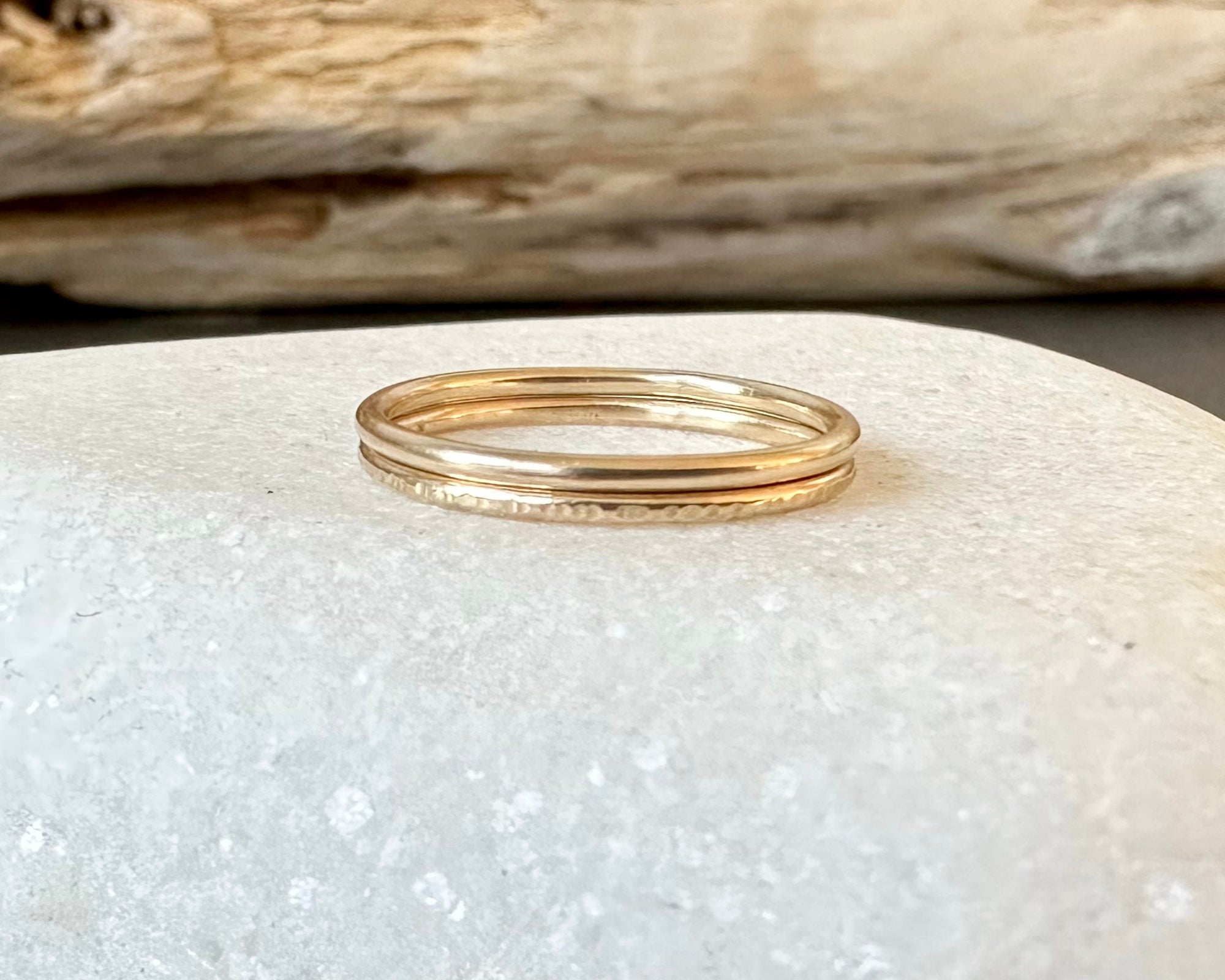 Set of Two Skinny 1.2mm 9ct Gold Rings, One Plain, One Ripple Hammered Pattern, Simple Minimalist Ring Band, Hadmade Gold Stacking Rings