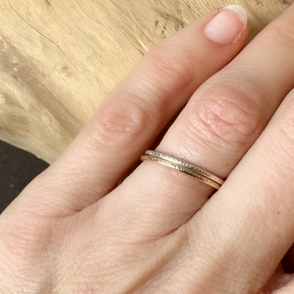 
                  
                    Solid 9ct Gold and 925 Sterling Silver Ring Set, 1.2mm, 1.5mm, 1.8mm, Hallmarked Gold and Silver Hammered Ring Set of Two
                  
                