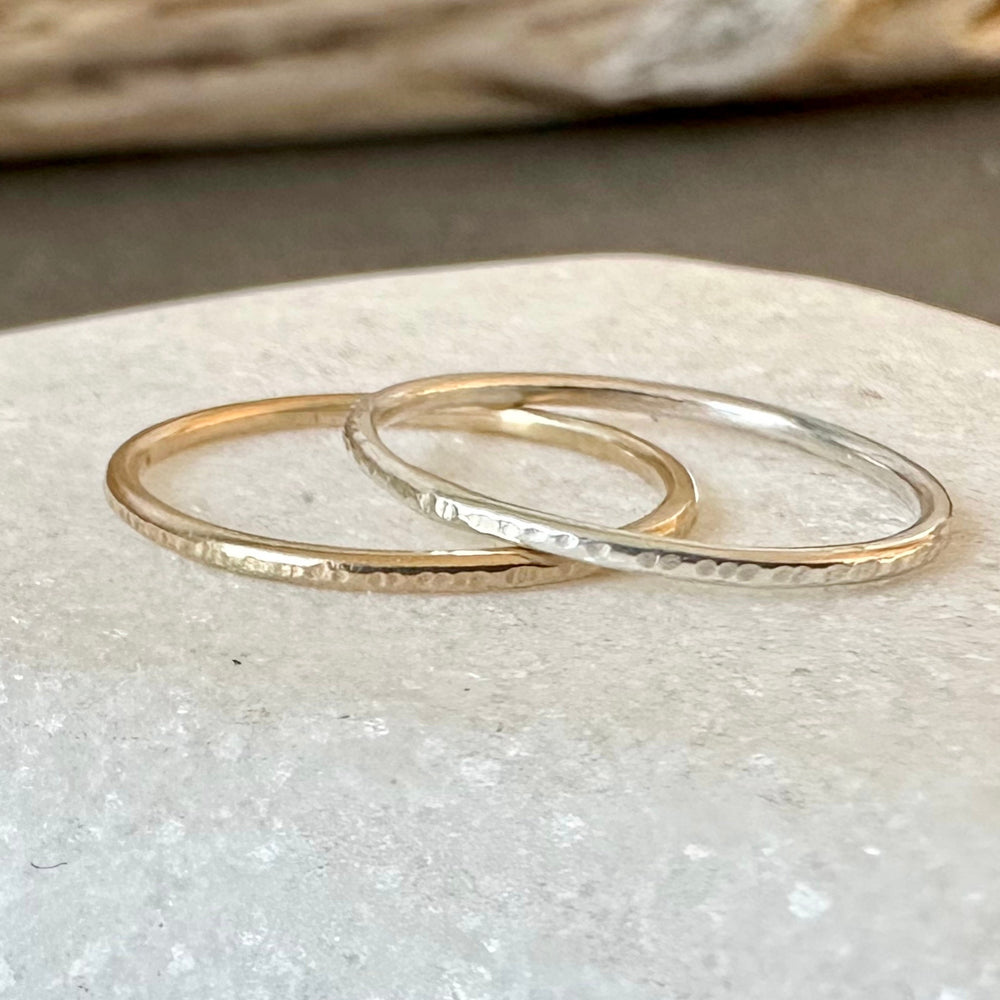 
                  
                    Solid 9ct Gold and 925 Sterling Silver Ring Set, 1.2mm, 1.5mm, 1.8mm, Hallmarked Gold and Silver Hammered Ring Set of Two
                  
                