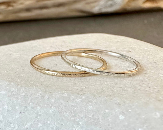 Solid 9ct Gold and 925 Sterling Silver Ring Set, 1.2mm, 1.5mm, 1.8mm, Hallmarked Gold and Silver Hammered Ring Set of Two