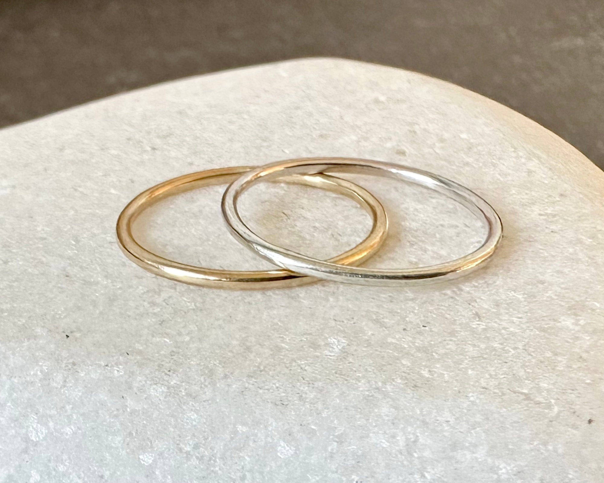 9ct Gold and 925 Sterling Silver Ring Set, 1.2mm Gold and Silver Plain Ring Band Set of Two, Shiny / Matte Skinny Stacking Rings