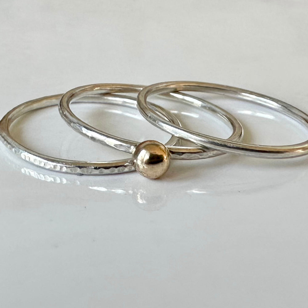 Gold Nugget on 1.2mm 925 sterling Silver Stacking Ring Set, Recycled Gold and Sterling Silver 1.2mm Skinny Minimalist Rings