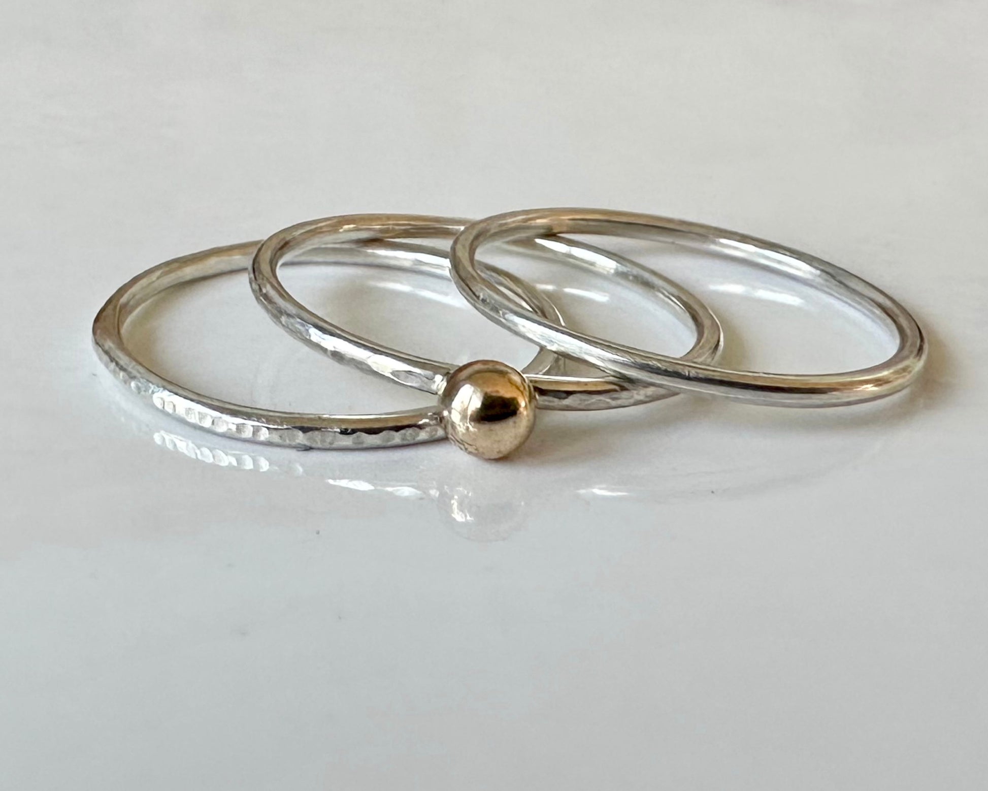 Gold Nugget on 1.2mm 925 sterling Silver Stacking Ring Set, Recycled Gold and Sterling Silver 1.2mm Skinny Minimalist Rings