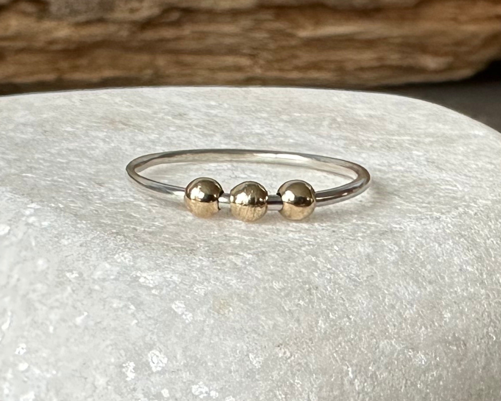 Fidget Ring Handmade from 925 Sterling Silver and 9ct Gold Beads, Gold and Silver Stackable Ring Band, Anxiety Ring, Spinner Ring