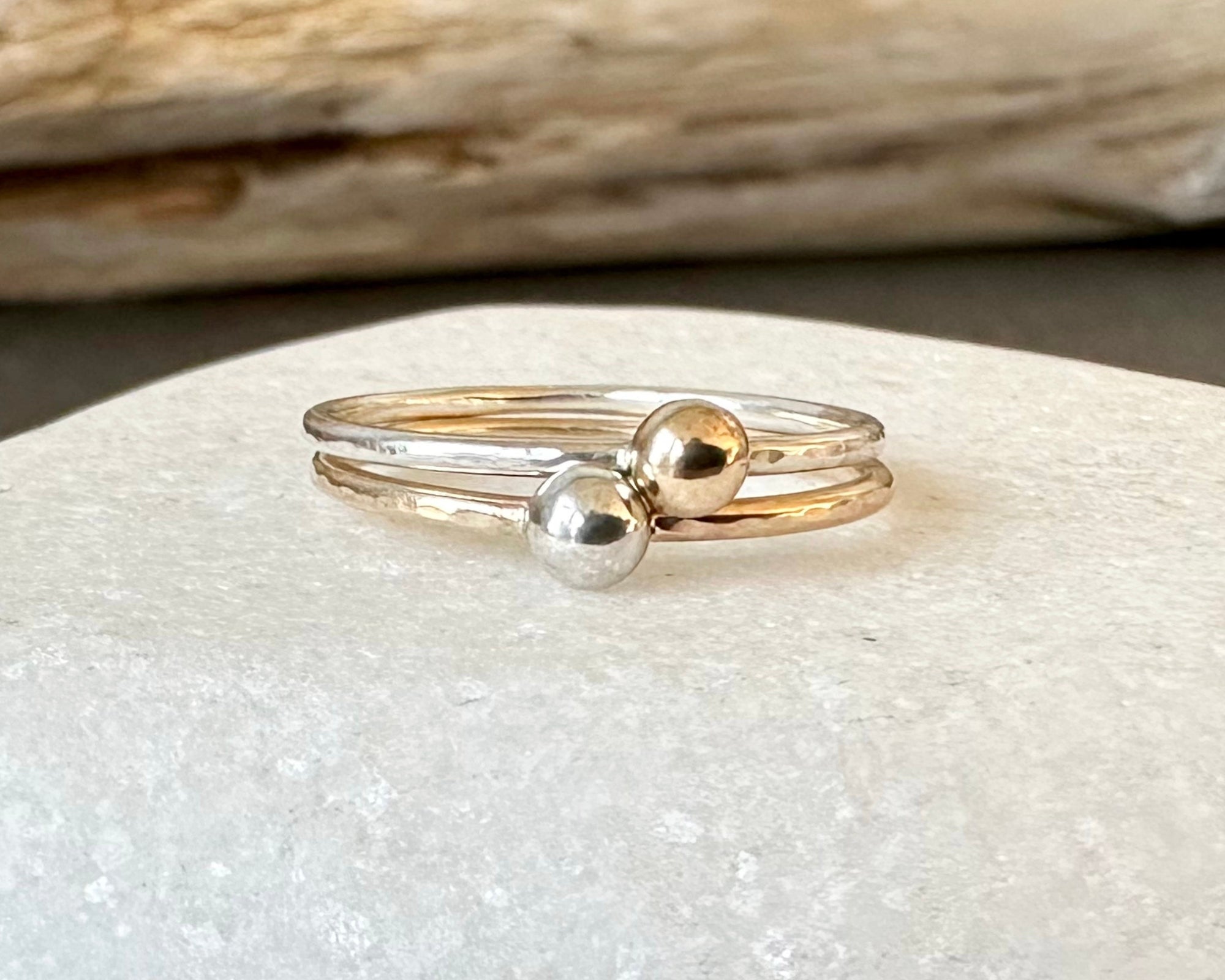 Set of Two Skinny Stacking Rings, 9ct Gold Nugget on 1.2mm 925 Sterling Silver Ring and 925 Sterling Silver Nugget on 1.2mm 9ct Gold Ring