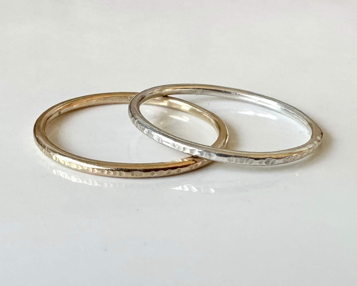 9ct Gold and 925 Sterling Silver Ring Set, 1.2mm Ring Bands, Gold and Silver Hammered Ring Set of Two, Ripple Hammered Pattern Skinny Rings