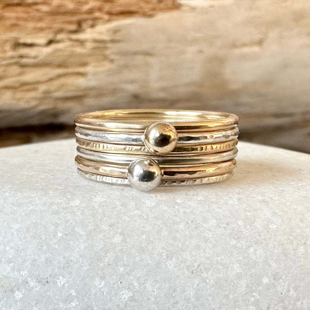 Set of Six Gold and Silver Skinny Stacking Rings, 9ct Gold, 925 Sterling Silver, Nugget Rings, Pebble Rings, Stacking Ring Set