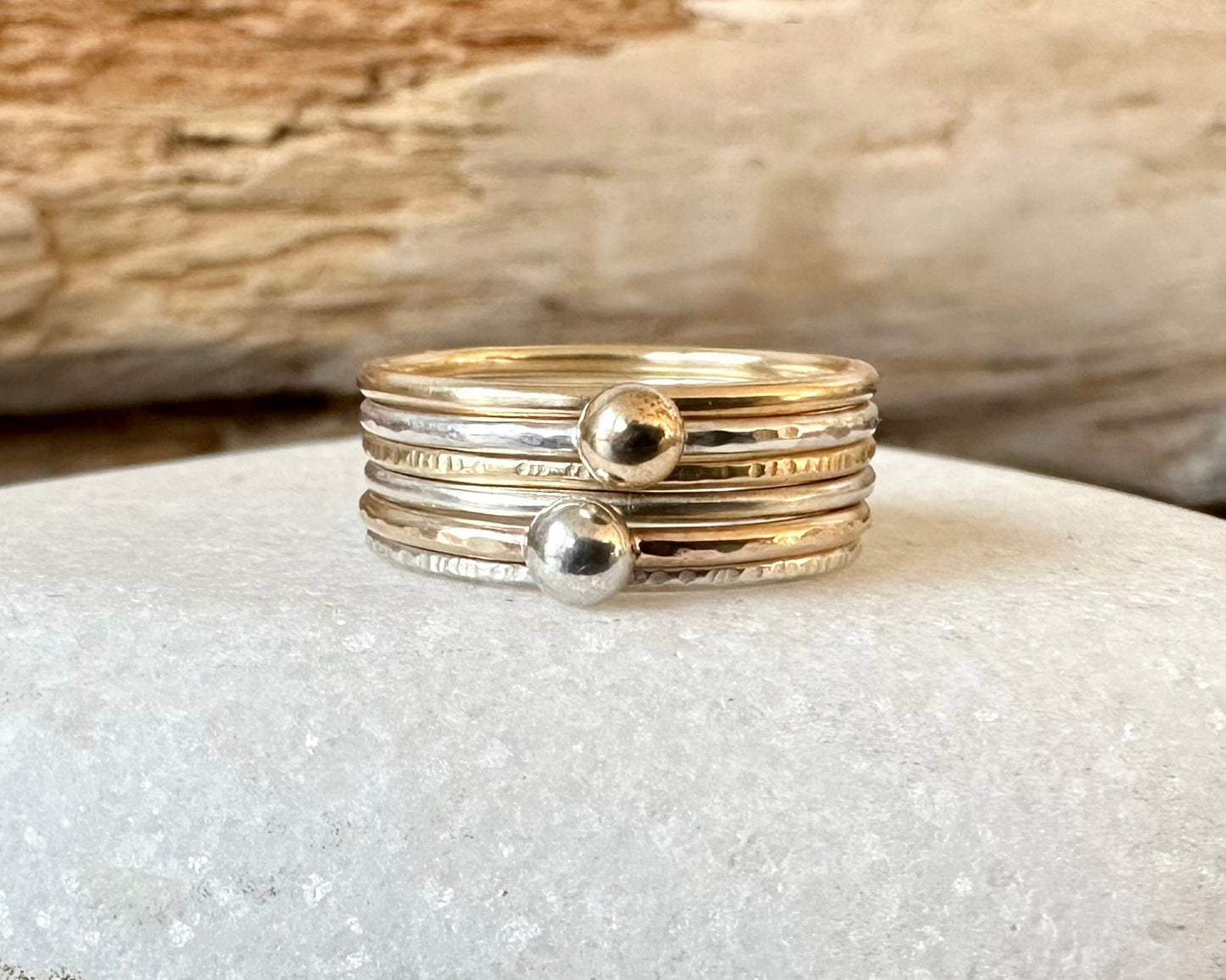 Set of Six Gold and Silver Skinny Stacking Rings, 9ct Gold, 925 Sterling Silver, Nugget Rings, Pebble Rings, Stacking Ring Set