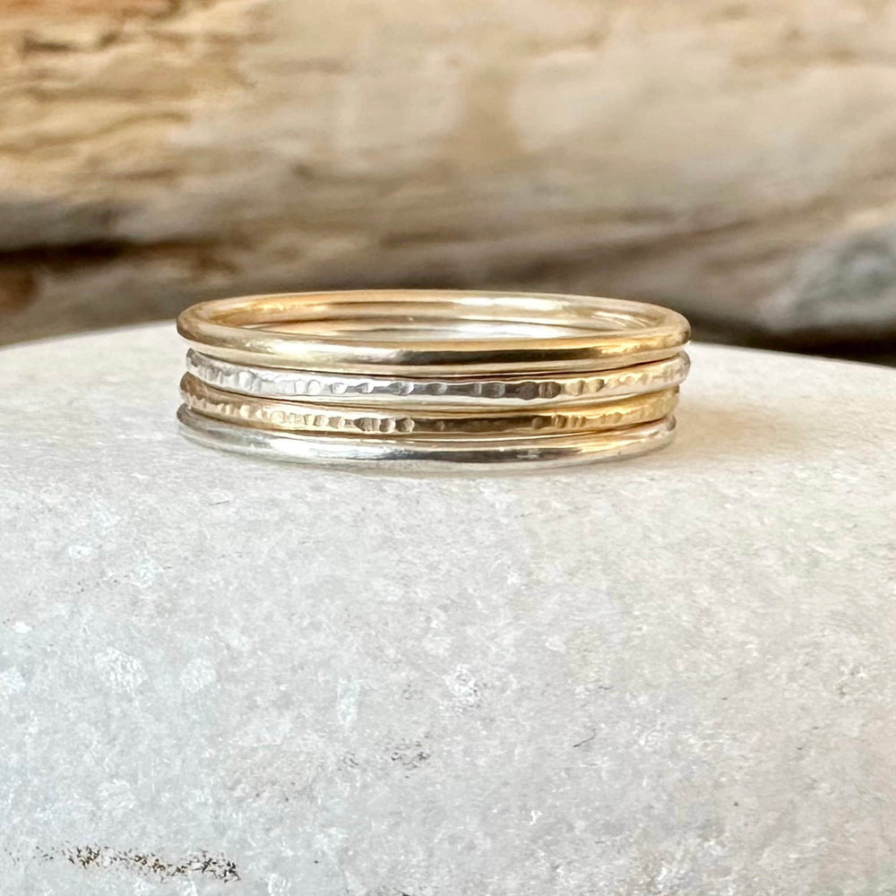 Solid 9ct Gold and 925 Sterling Silver Stacking Rings set, Hallmarked 1.2mm, 1.5m, 1.8mm Gold and Silver Ring Set of Four