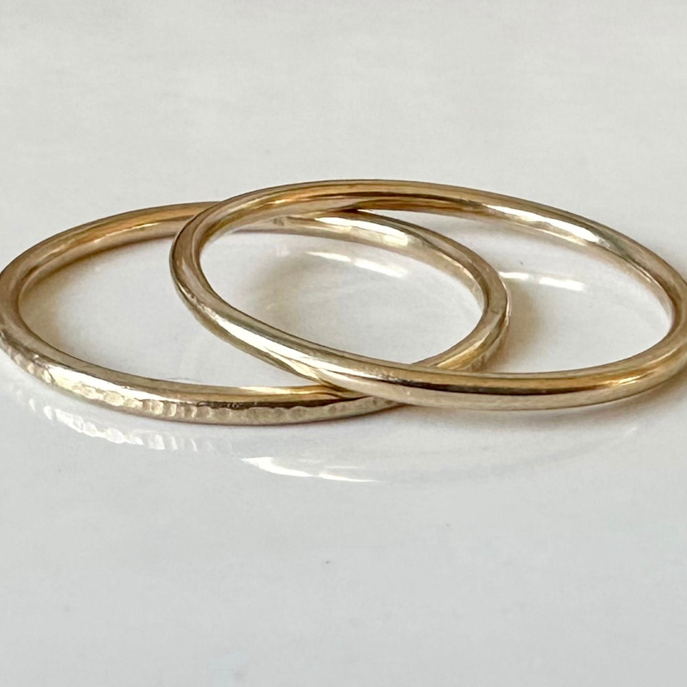 Set of Two Skinny 9ct Gold Rings, Hallmarked Gold Stacking Rings, 1.2mm, 1.5mm, 1.8mm, One Plain, One Ripple Hammered Pattern