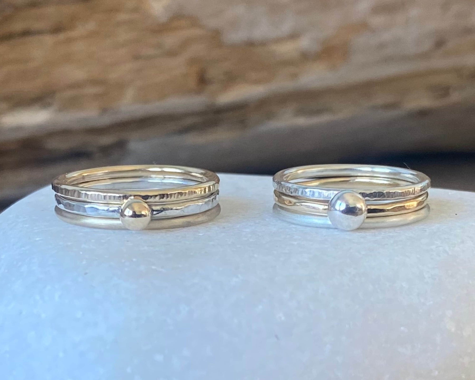 9ct Gold Nugget Stacking Ring Set, 925 Sterling Silver Nugget Stacking Rings, 9ct Gold and Sterling Silver 1.2mm Skinny Minimalist Ring Band